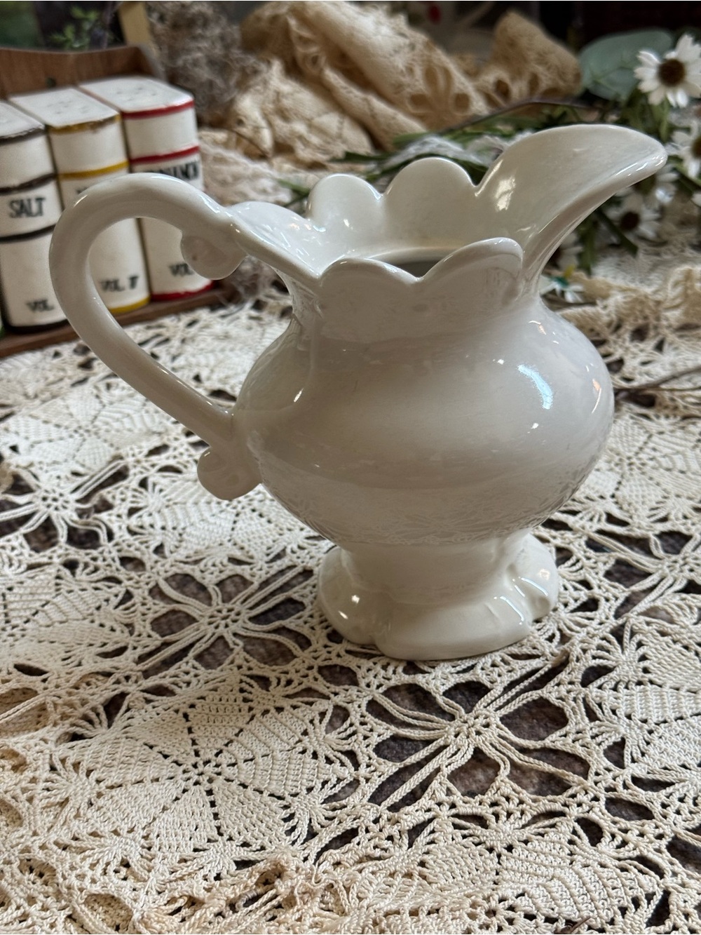 Vintage Cream Ceramic Pitcher - Scalloped Rim Accent - Picture 8 of 8